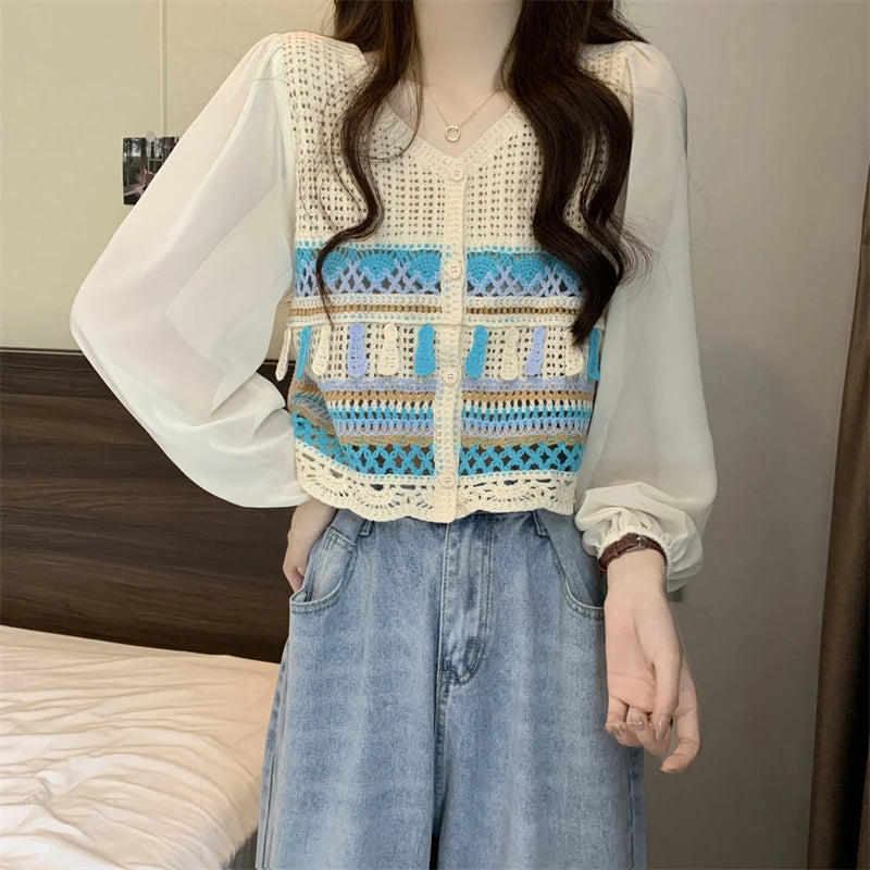 Sweet Boho Knitted Chiffon Blouse for Women