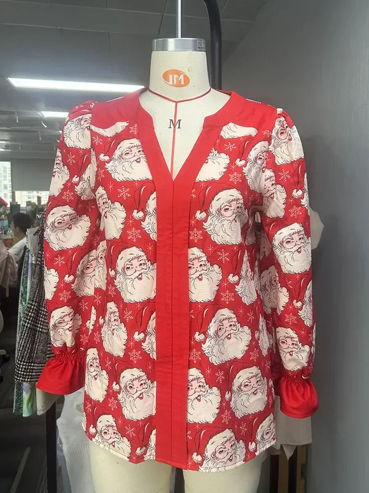 Festive Santa Print Blouse for Women