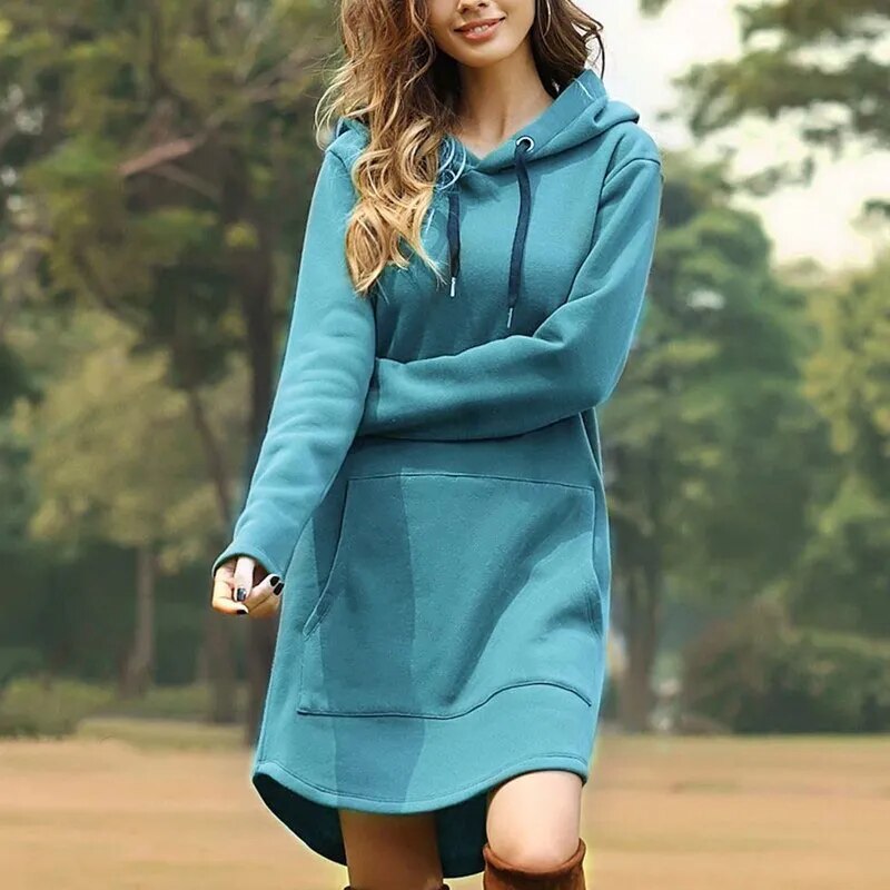 IvyShape | Comfortable Long Sweatshirt Dress with Hood
