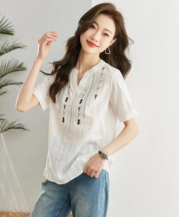 Chic Embroidered Short Sleeve Shirt for Women