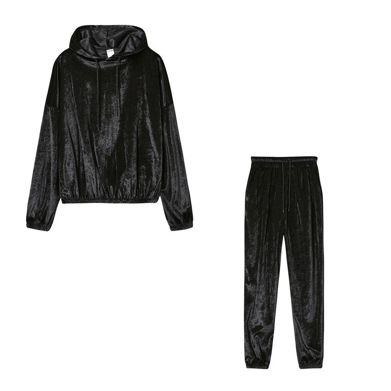 Ivyshape | Stylish Velvet Silk Hoodie Jumper and Sweatpants for Women