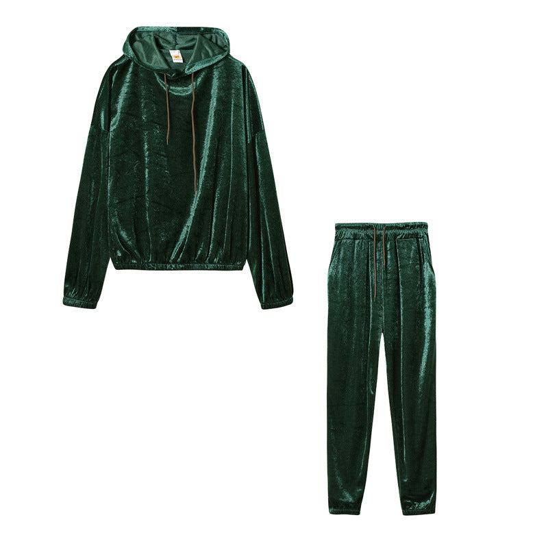 Ivyshape | Stylish Velvet Silk Hoodie Jumper and Sweatpants for Women