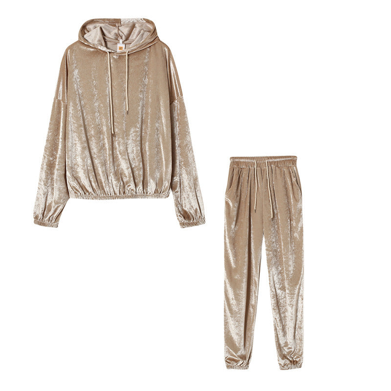 Ivyshape | Stylish Velvet Silk Hoodie Jumper and Sweatpants for Women