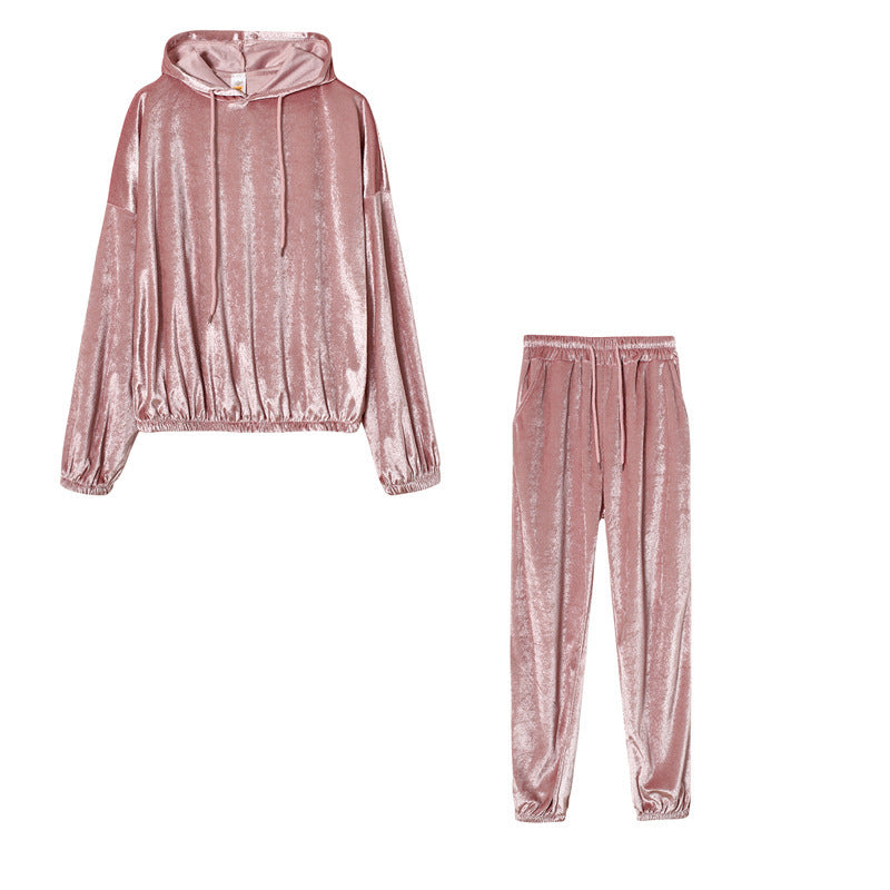 Ivyshape | Stylish Velvet Silk Hoodie Jumper and Sweatpants for Women