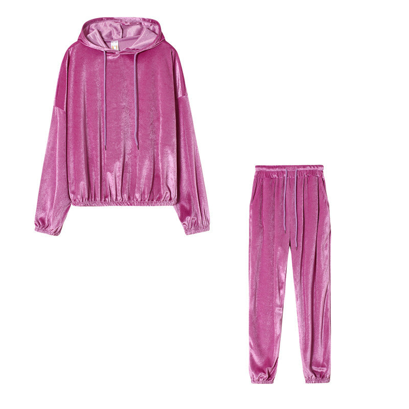 Ivyshape | Stylish Velvet Silk Hoodie Jumper and Sweatpants for Women