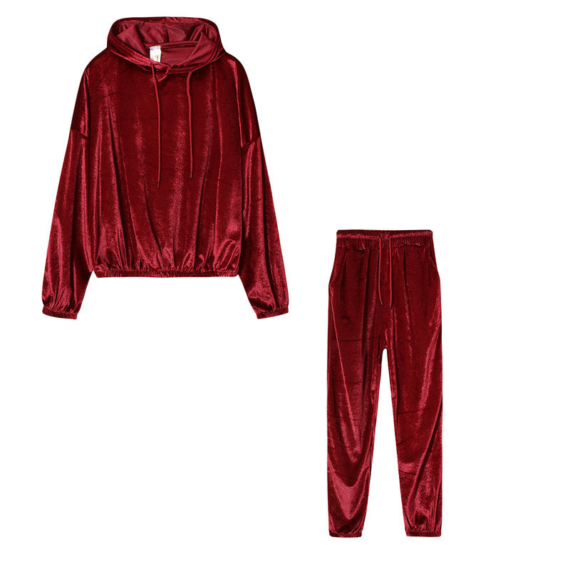 Ivyshape | Stylish Velvet Silk Hoodie Jumper and Sweatpants for Women