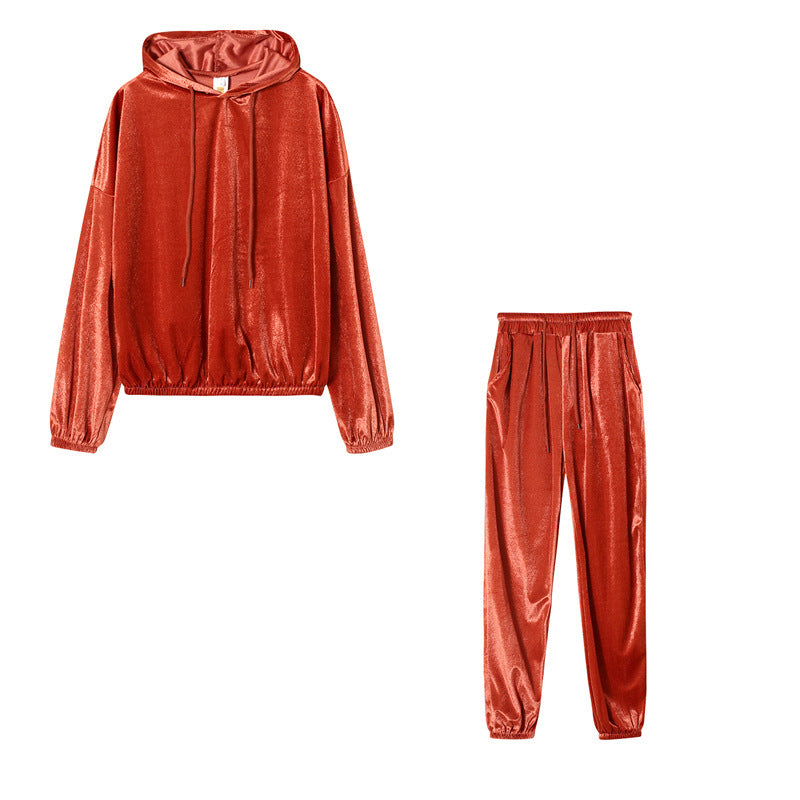 Ivyshape | Stylish Velvet Silk Hoodie Jumper and Sweatpants for Women