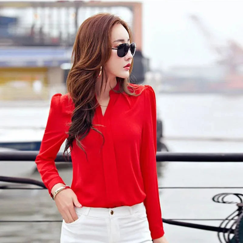 Elegant V-Neck Slim Blouse for Women