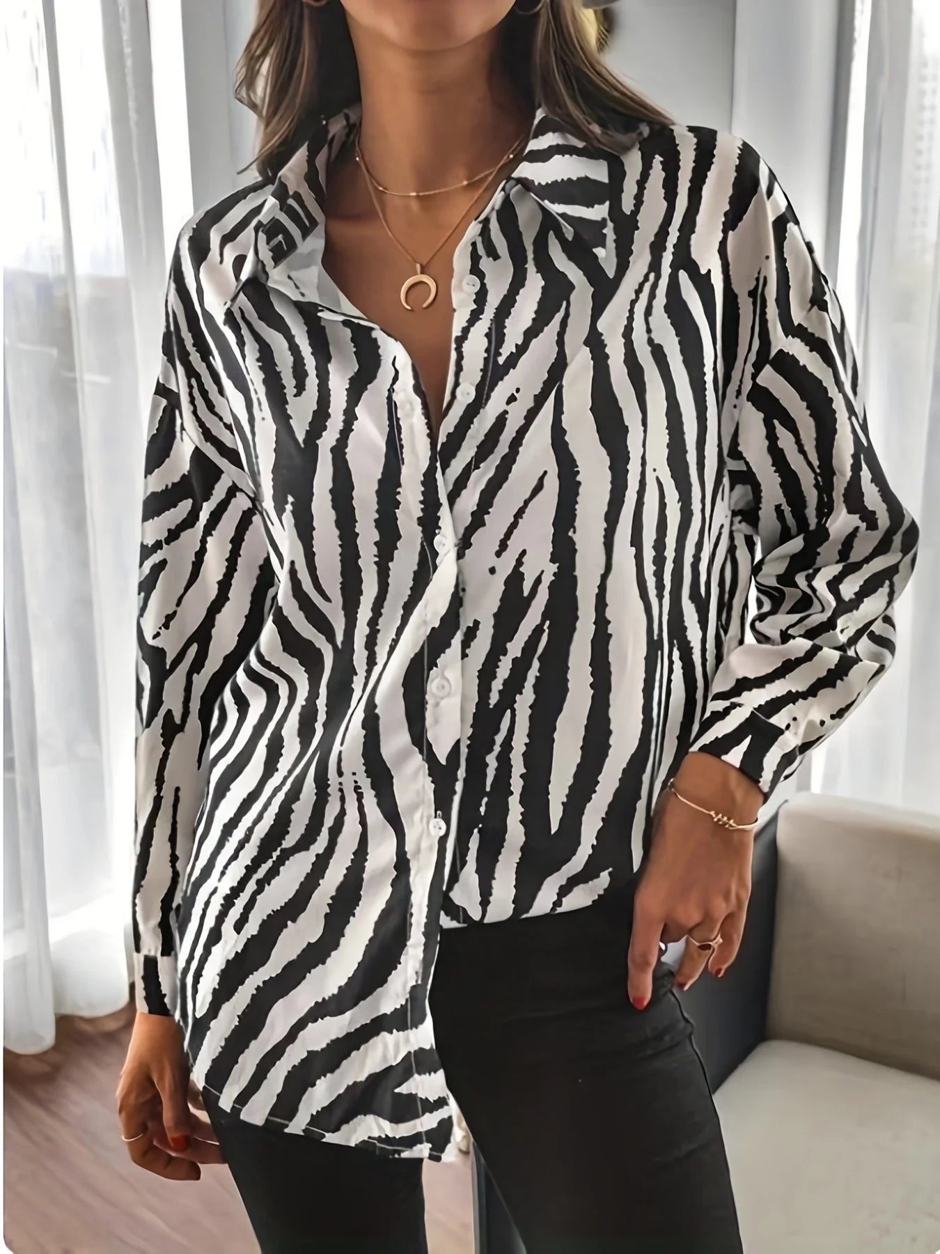 Elegant Zebra Print Long-Sleeved Shirt for Women