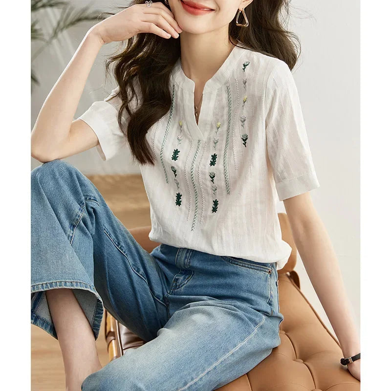 Chic Embroidered Short Sleeve Shirt for Women