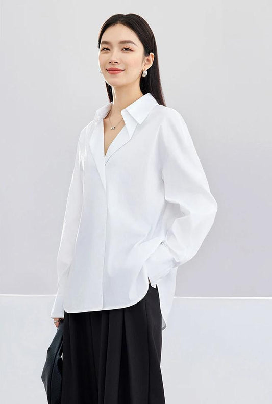 Simple Polo Collar White Blouse for Women