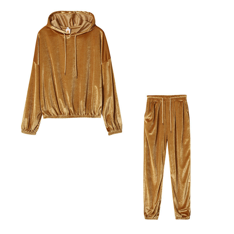 Ivyshape | Stylish Velvet Silk Hoodie Jumper and Sweatpants for Women