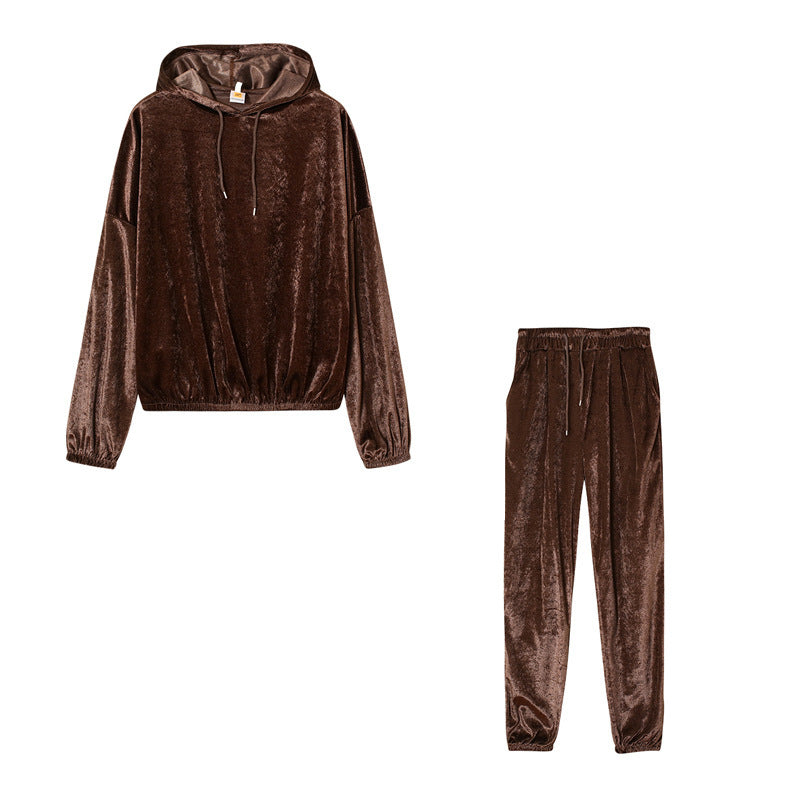 Ivyshape | Stylish Velvet Silk Hoodie Jumper and Sweatpants for Women