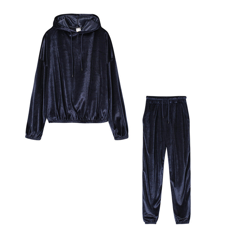 Ivyshape | Stylish Velvet Silk Hoodie Jumper and Sweatpants for Women