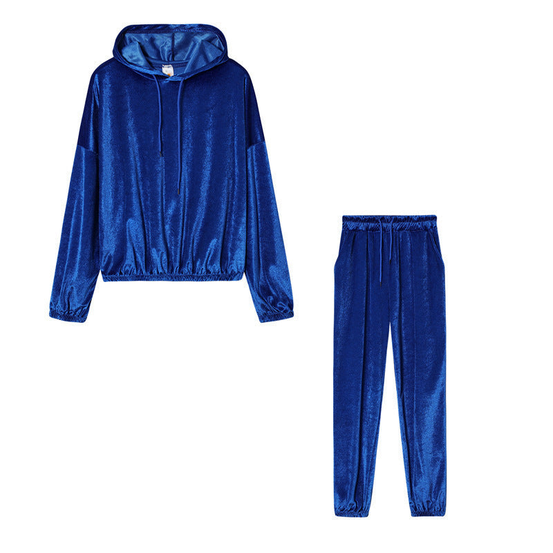 Ivyshape | Stylish Velvet Silk Hoodie Jumper and Sweatpants for Women