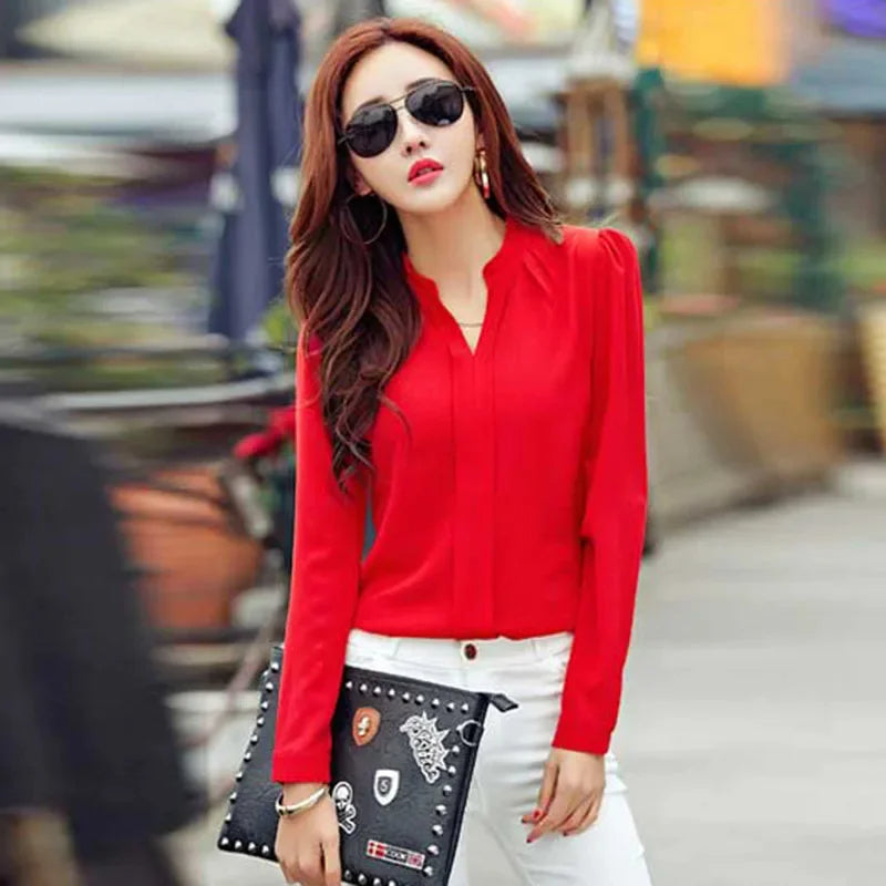 Elegant V-Neck Slim Blouse for Women