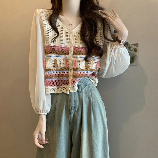 Sweet Boho Knitted Chiffon Blouse for Women