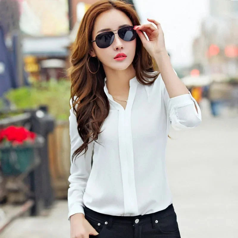 Elegant V-Neck Slim Blouse for Women