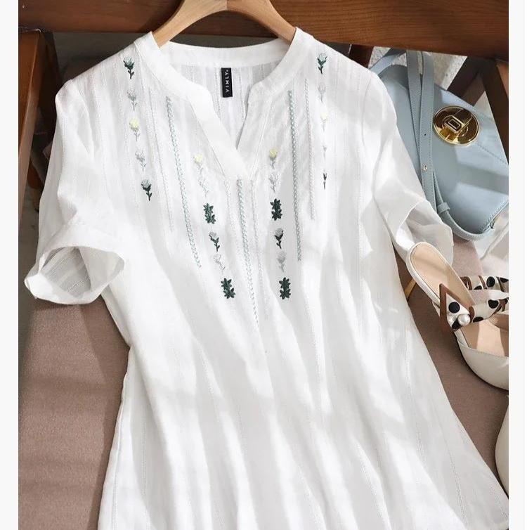 Chic Embroidered Short Sleeve Shirt for Women