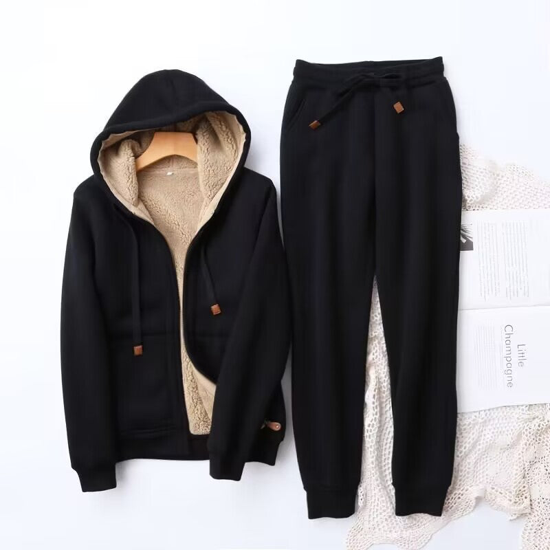 Ivyshape | Thick Warm Hooded Jacket and Sweatpants Two-Piece Set for Women