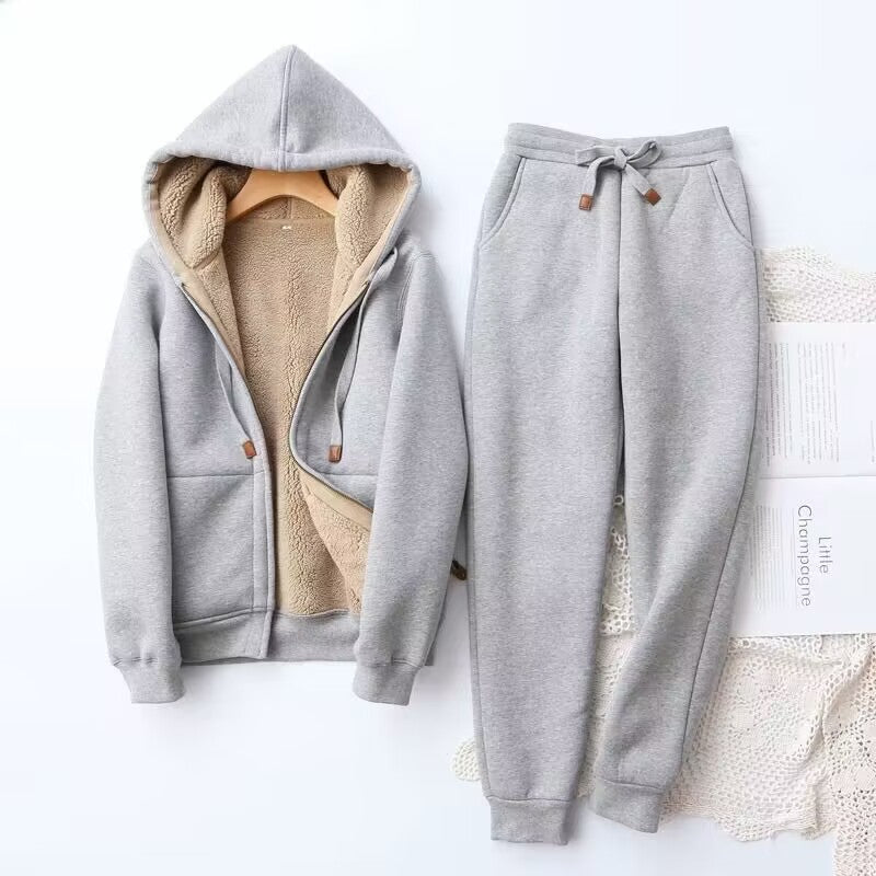 Ivyshape | Thick Warm Hooded Jacket and Sweatpants Two-Piece Set for Women