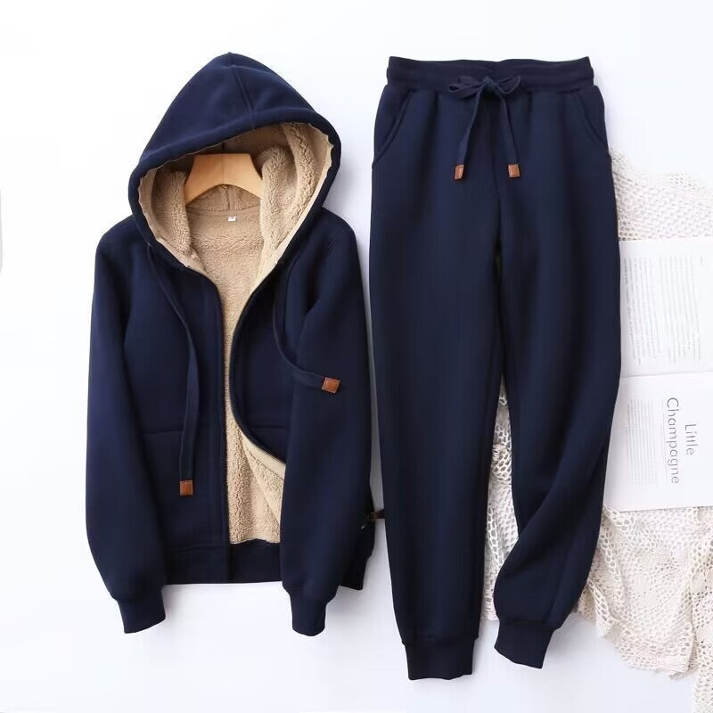 Ivyshape | Thick Warm Hooded Jacket and Sweatpants Two-Piece Set for Women