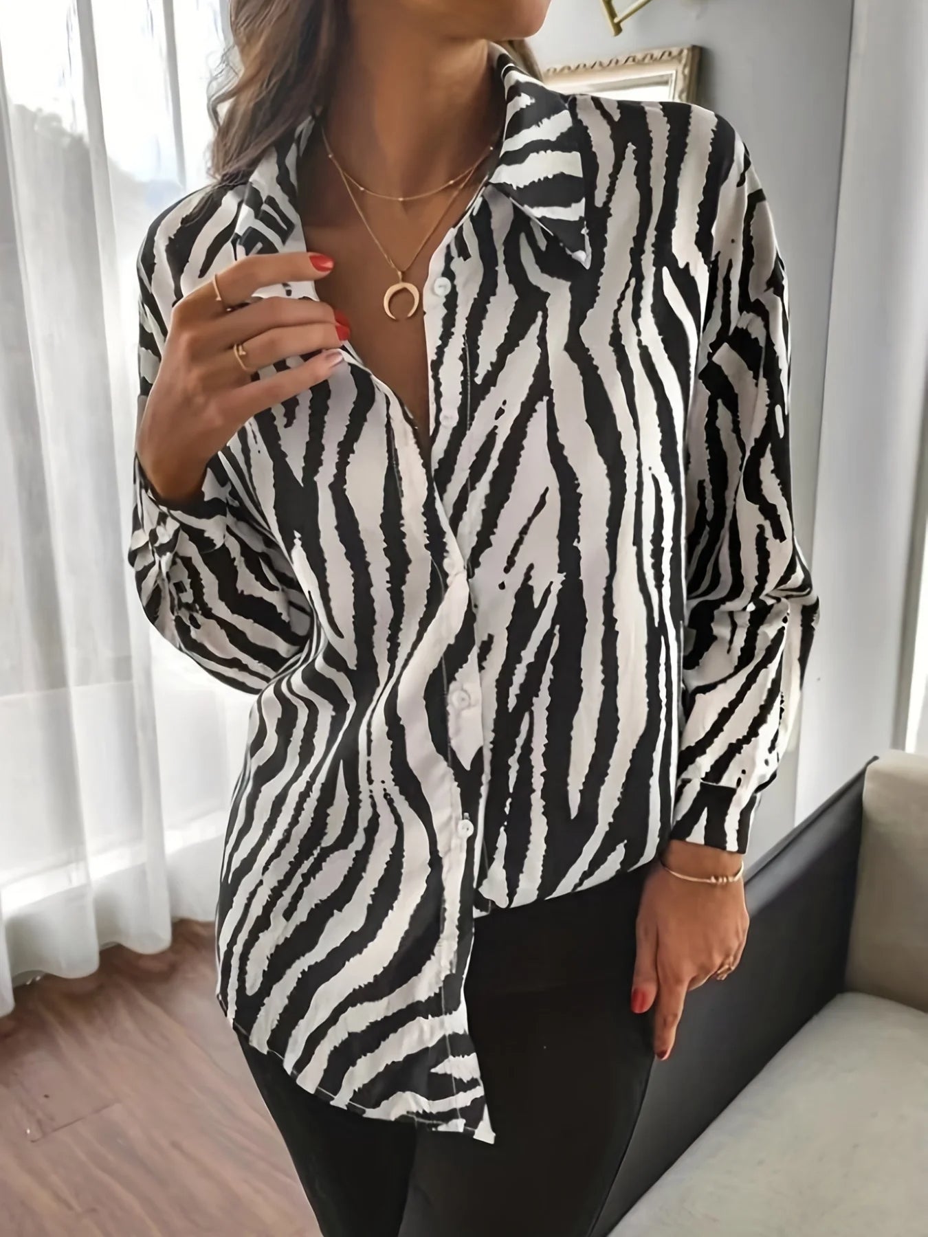 Elegant Zebra Print Long-Sleeved Shirt for Women