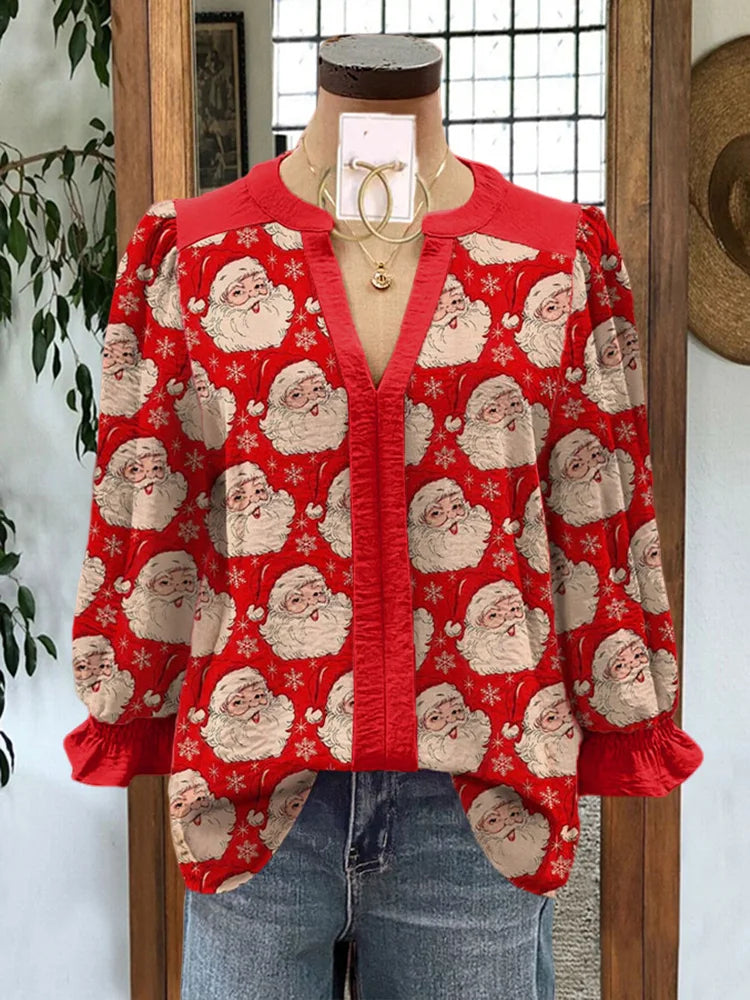 Festive Santa Print Blouse for Women