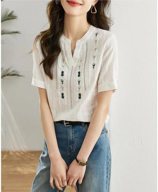 Chic Embroidered Short Sleeve Shirt for Women