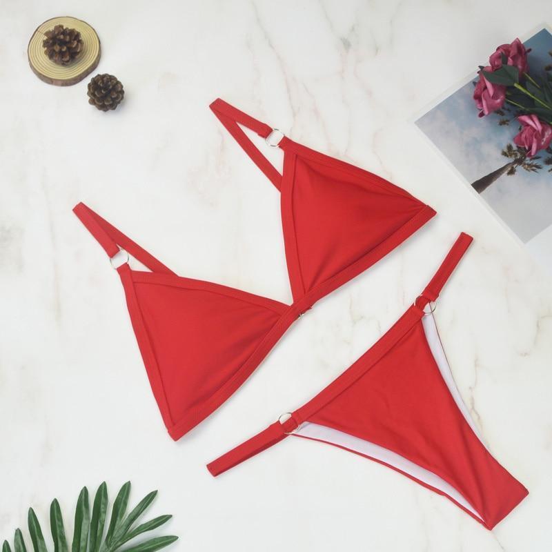 Ivyshape | Two-Piece Bikini Swimsuit with Gold-Colored Metal Rings and Triangular Cups