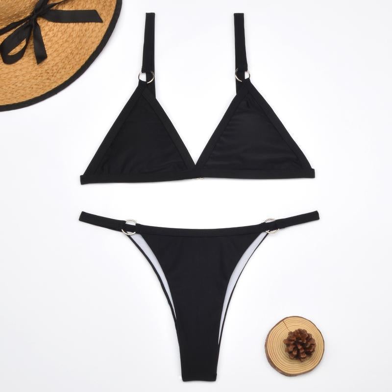IvyShape Two-Piece Bikini Swimsuit with Gold-Colored Metal Rings and Triangle Cups