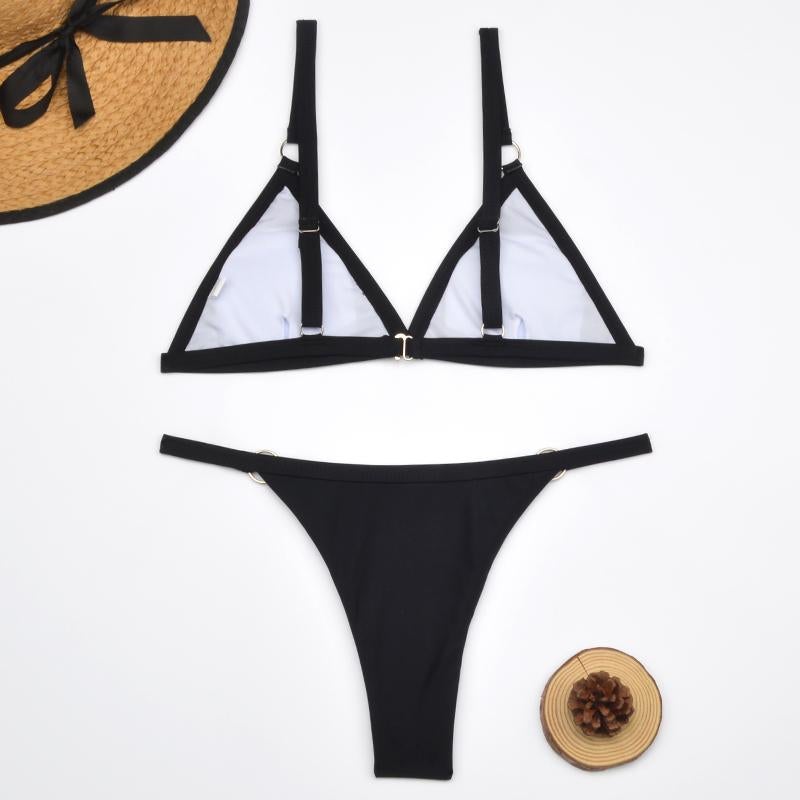 Ivyshape | Two-Piece Bikini Swimsuit with Gold-Colored Metal Rings and Triangular Cups