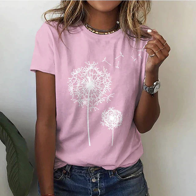 Ivyshape | Women's Dandelion Print T-Shirt Round Neck