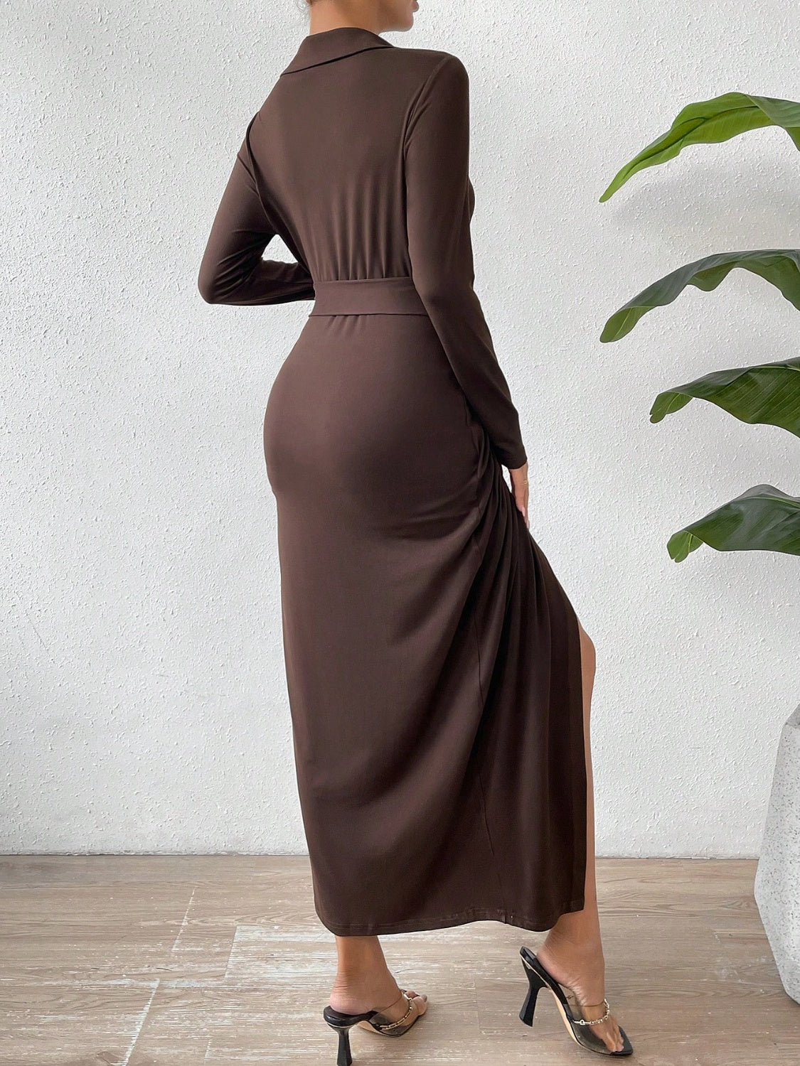 Ivyshape | Tied Slit Long Sleeve Wrap Dress