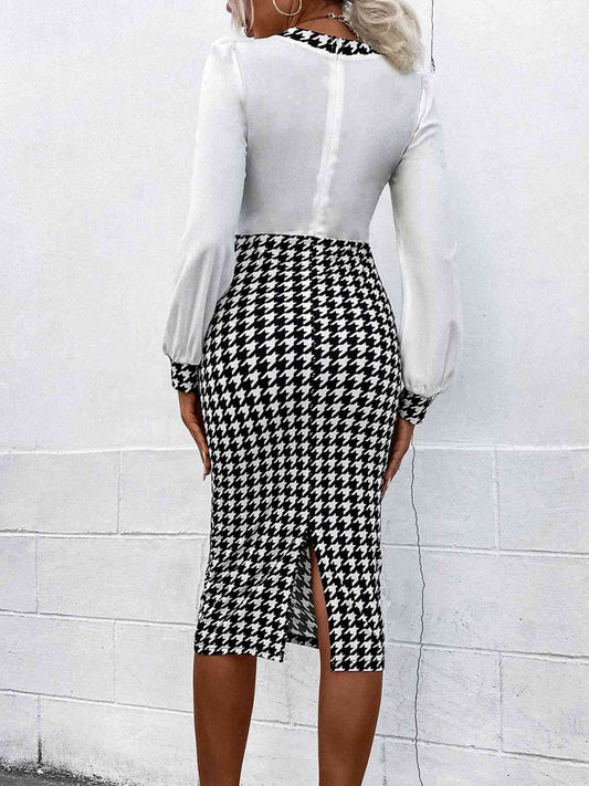 Houndstooth Long Sleeve Slit Dress