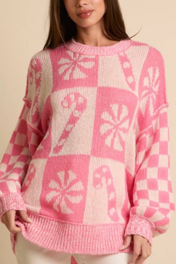 Ivyshape | Snowflake Candy Round Neck Long Sleeve Loose Knitted Sweater