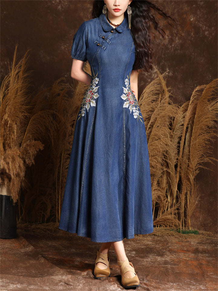 Beautiful Flower Embroidery Lapel Denim Pleated Dress