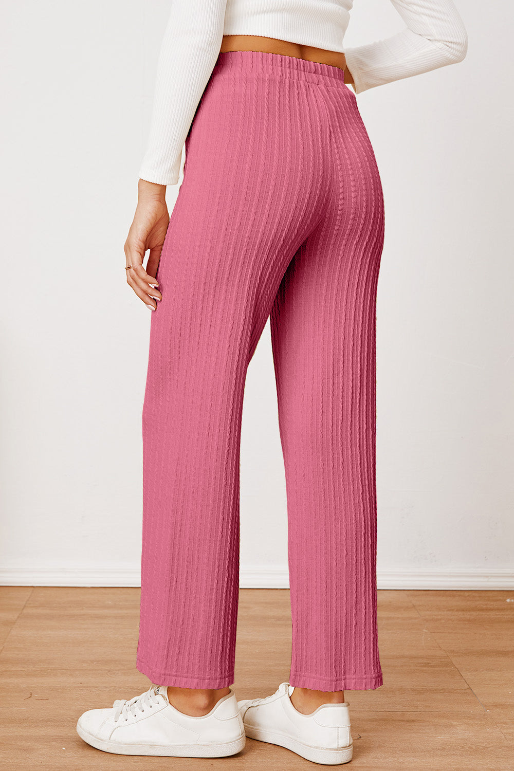 Ivyshape | Textured Elastic Waist Straight Pants