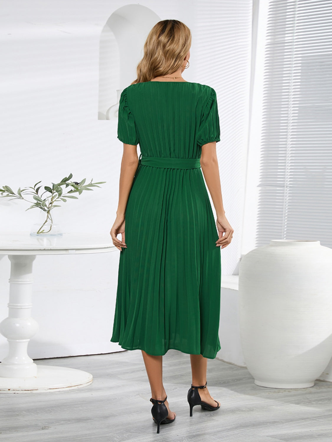 Ivyshape | Pleated Surplice Tie Waist Midi Dress