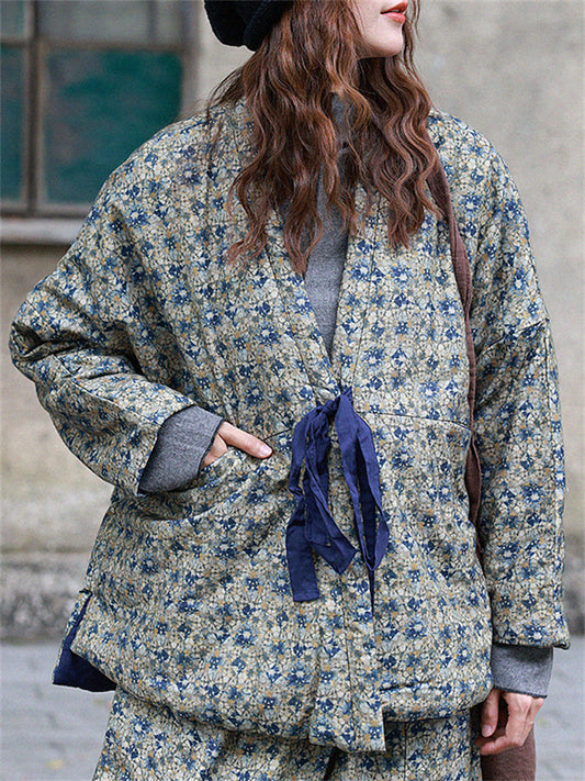 Japanese Style Geometric Printing Thick Lace-up Coats