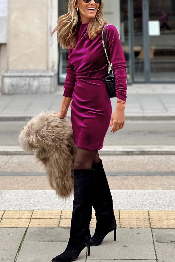 Ivyshape | Pink Velvet Mock Neck Ruched Long Sleeve Bodycon Dress