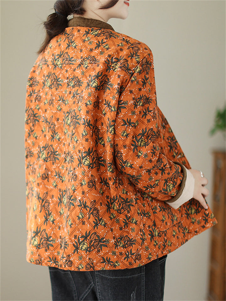 Vintage Stand Collar Button Mini Floral Print Cotton Coat