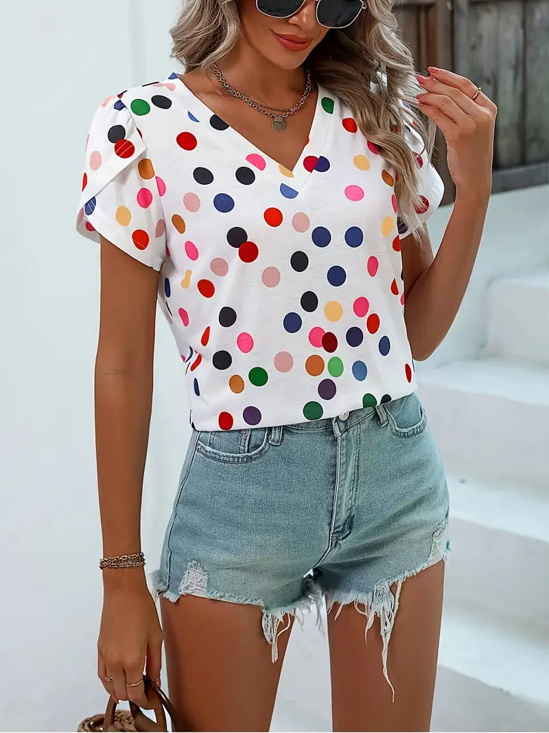 Ivyshape | Multicolored Polka Dot T-Shirt with V-Neck