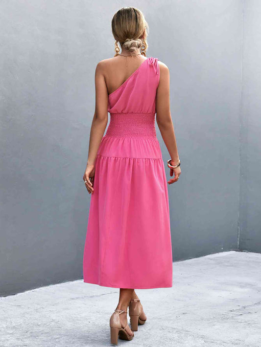 Asymmetrical One Shoulder Smocked Waist Midi Dress