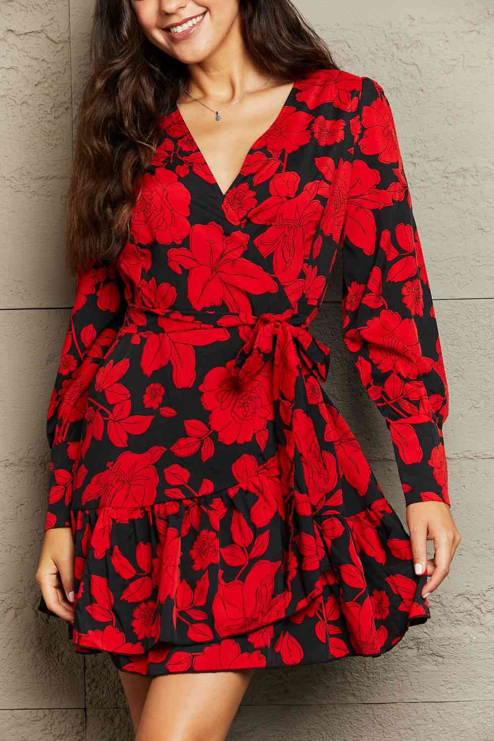 Floral Print Surplice Neck Tie Waist Dress