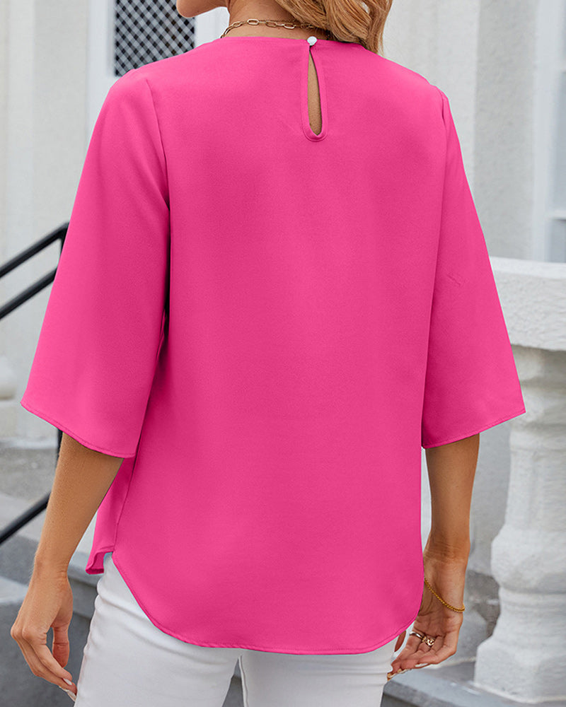 Ivyshape | Pleated Neckline Half-Sleeve Blouse