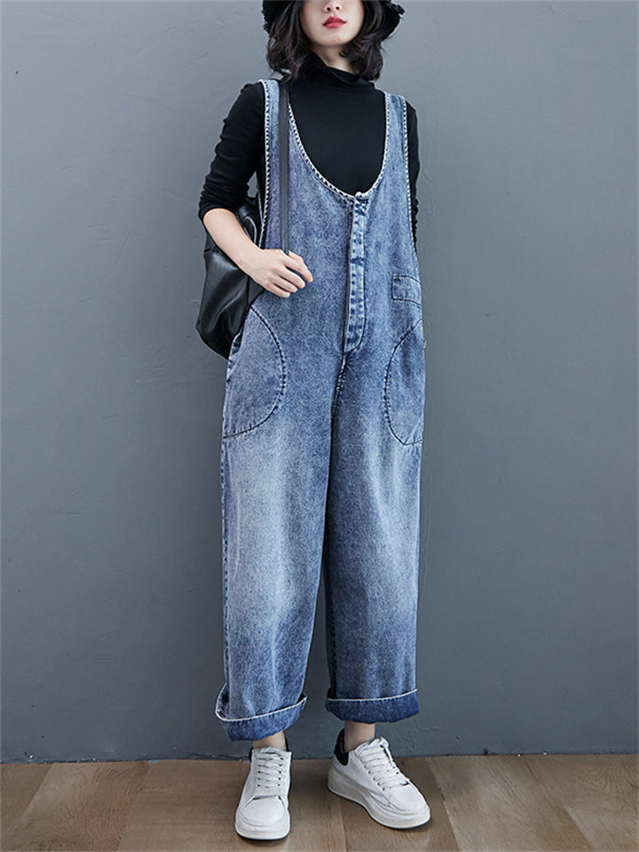 Women's Leisure U Neck Washed Straight Leg Denim Overalls