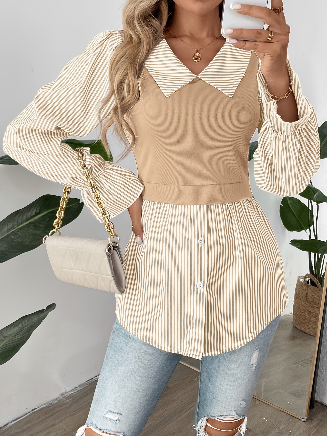 Ivyshape | Striped Color Block Blouse with Button Front for Women