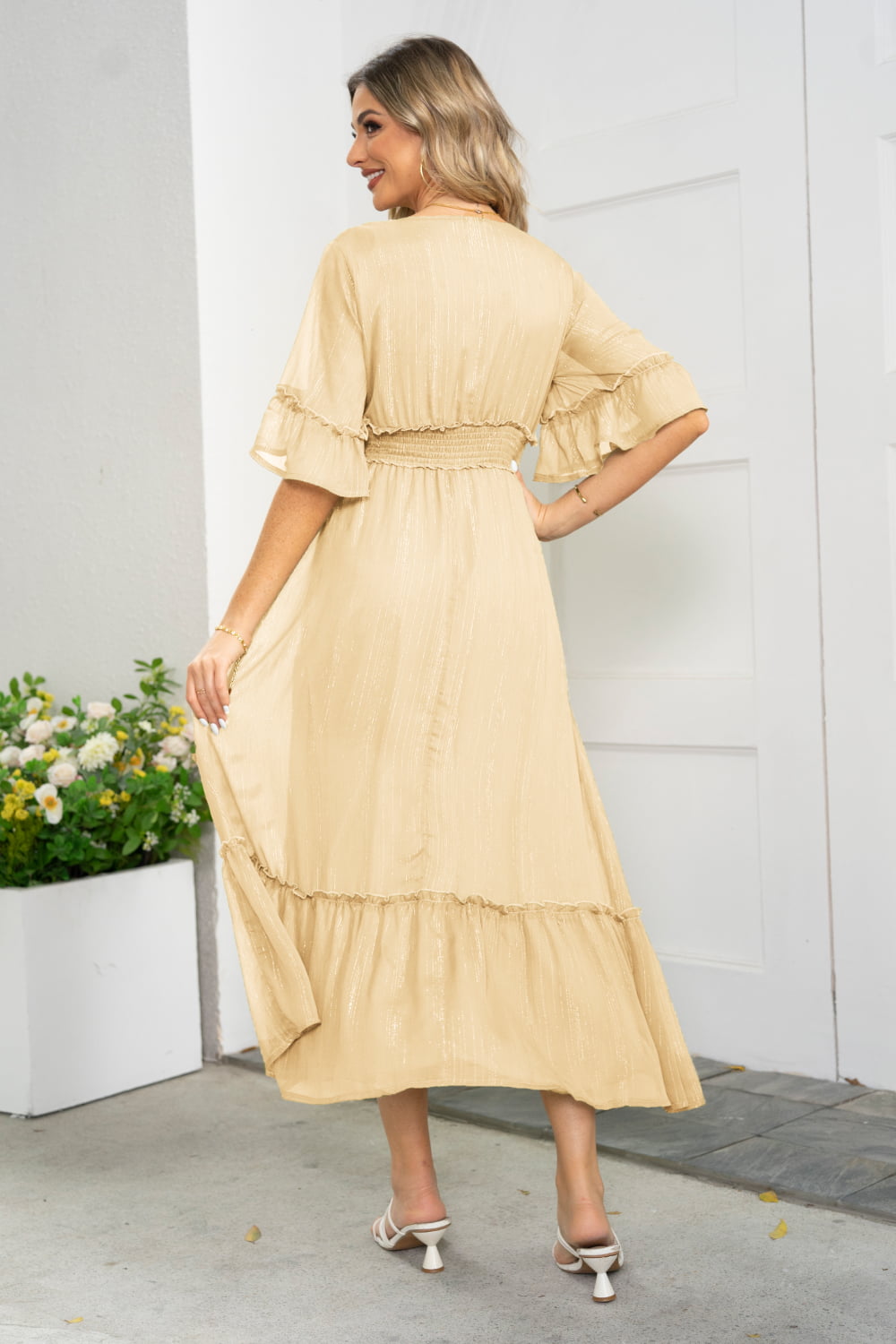 Ivyshape | V-Neck Flounce Sleeve Smocked Waist High Slit Dress