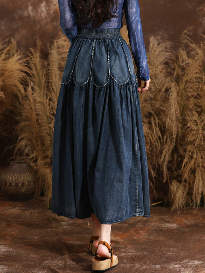 Summer Vintage Style Splicing Elastic Waist Blue Denim Skirt